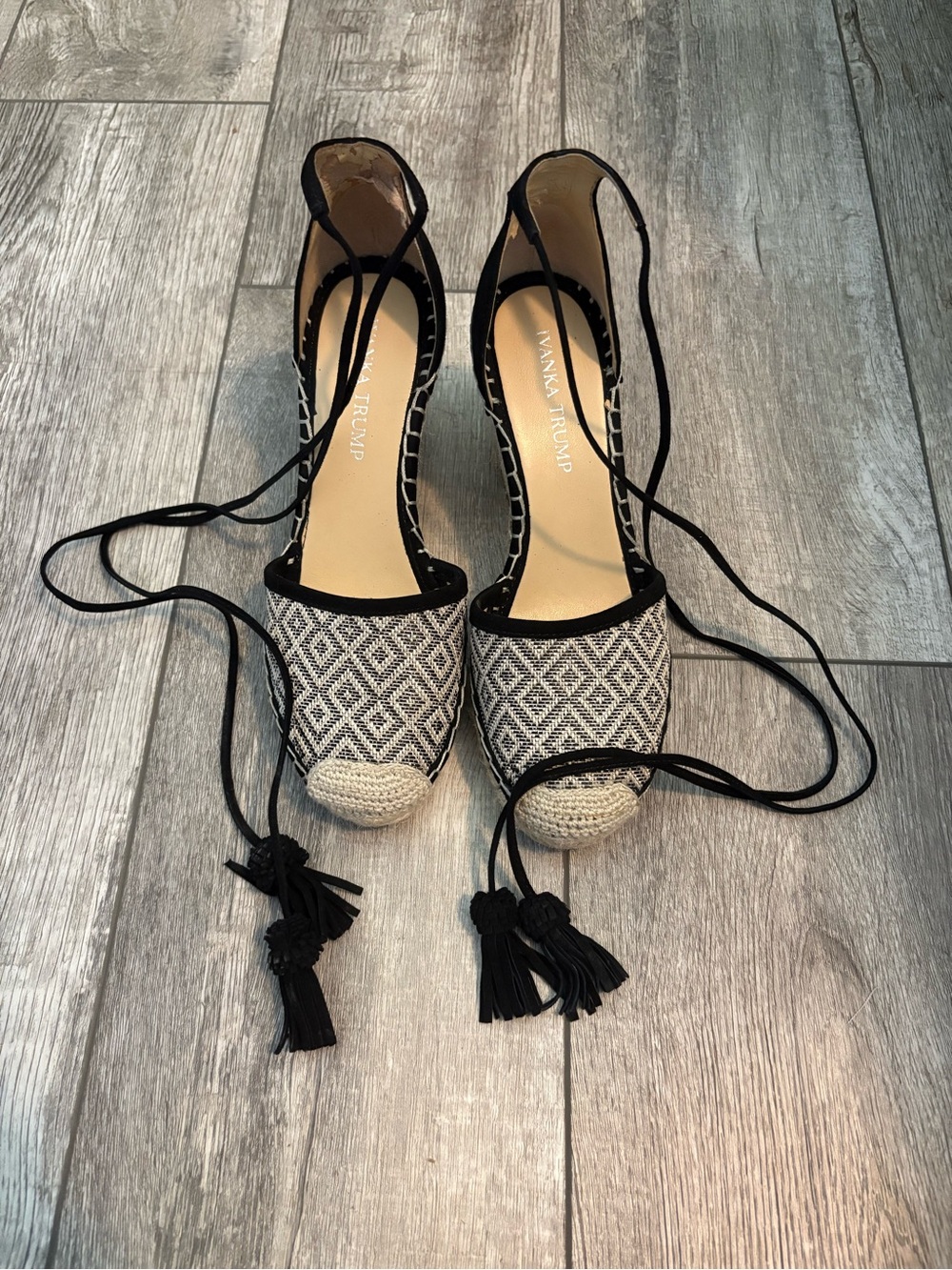 Ivanka Trump Black & White Lace Espadrille Wrap Flats
